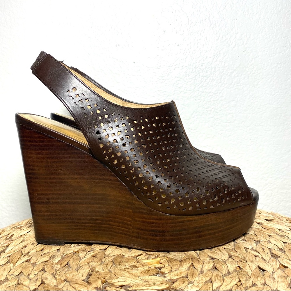 Coach chasity brown wedge peep toe perforated slingback heels